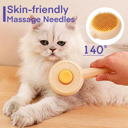 Blue and yellow pet grooming brush with self-cleaning button and angled metal pins for deshedding cats and dogs