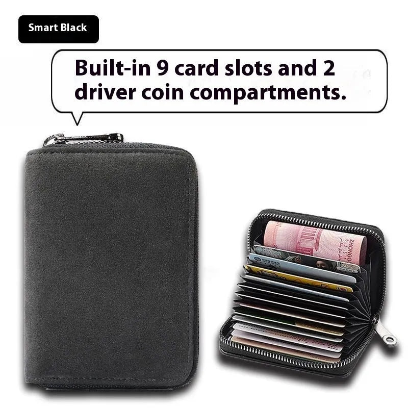 Men's suede-effect PU leather card holder with anti-degaussing protection showing card slots