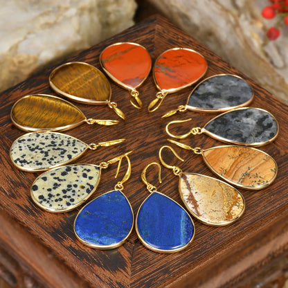Women's retro-style drop earrings with a natural stone pendant in a water drop shape on an electroplated setting.