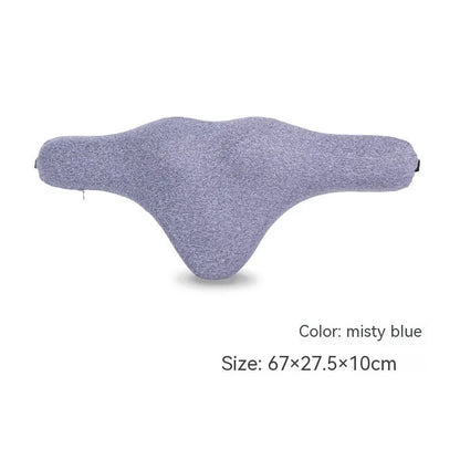Car neck memory foam pillow in dark grey, grey, or fog blue colours measuring 67cm long