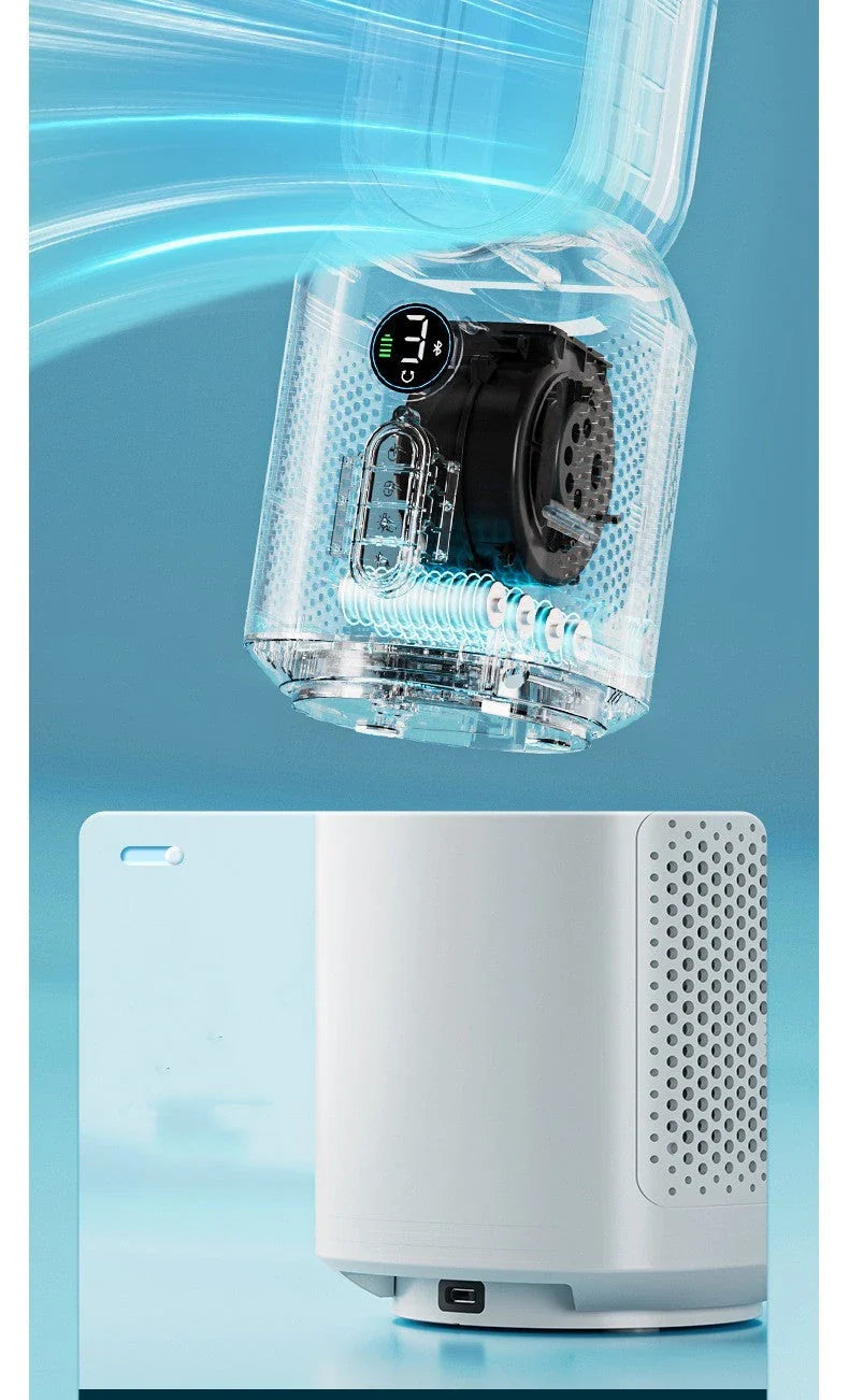 Multifunctional bladeless fan with Bluetooth speaker and LED night light for home decor and cooling comfort