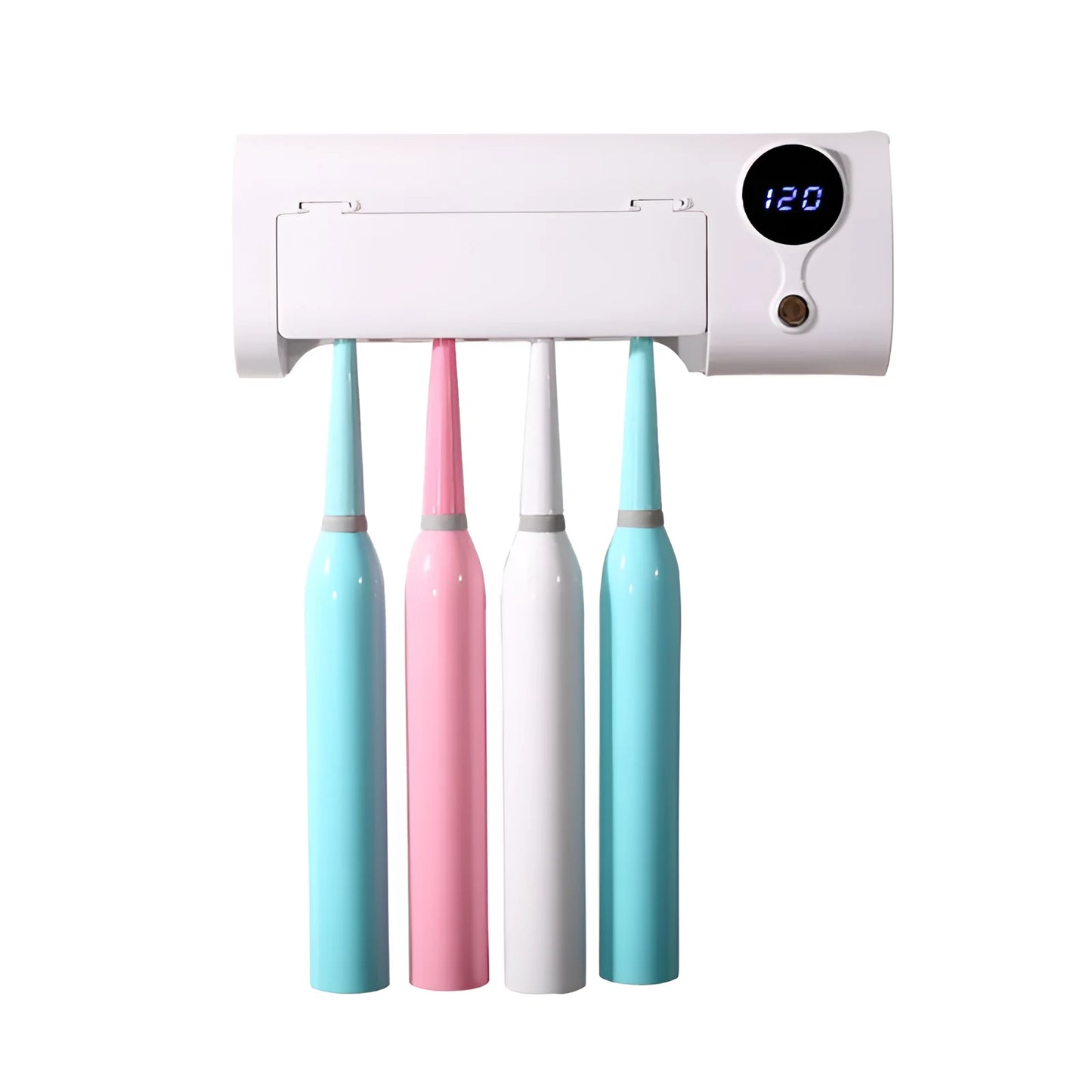 White wall-mounted smart toothbrush steriliser with UV disinfection and USB charging port
