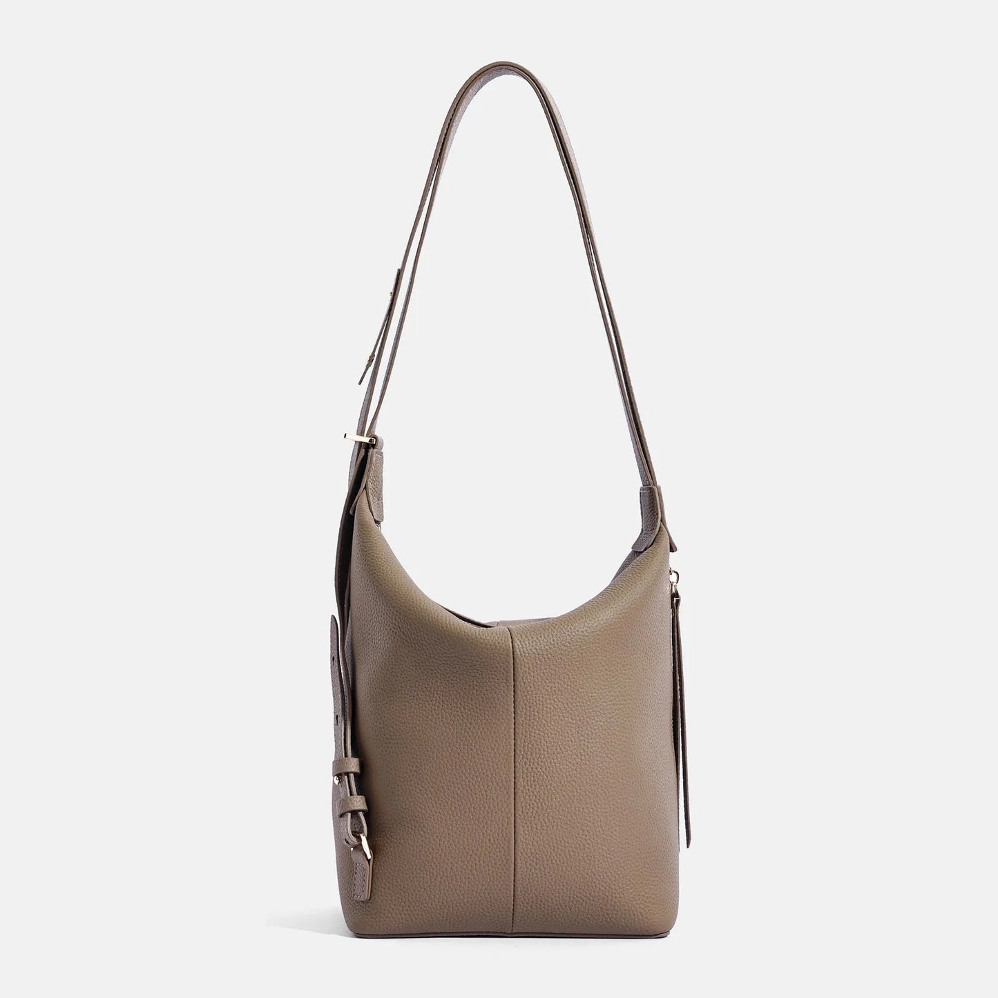 Women's soft genuine cowhide leather bucket shoulder bag in elephant gray colour