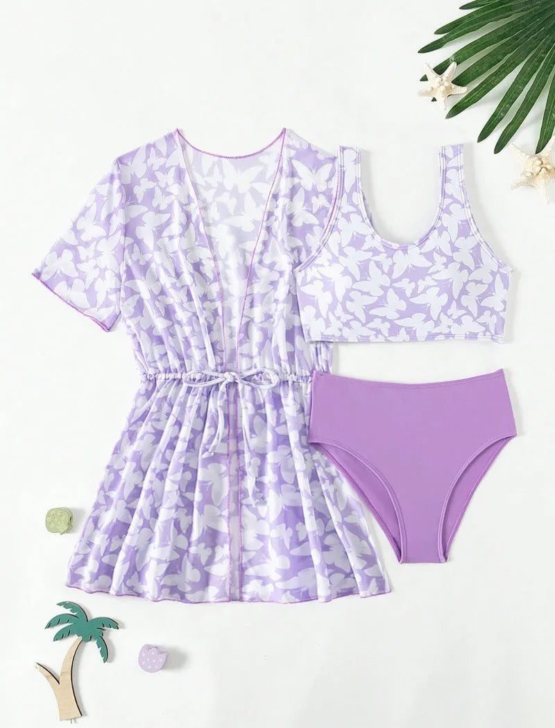 Three-piece girls swimsuit cover-up set in polyester with vest and pants for ages 8-12