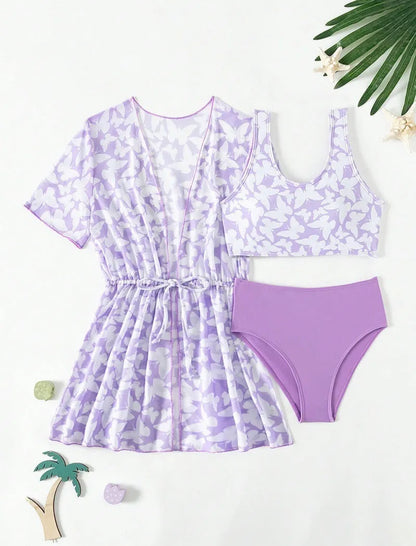 Three-piece girls swimsuit cover-up set in polyester with vest and pants for ages 8-12