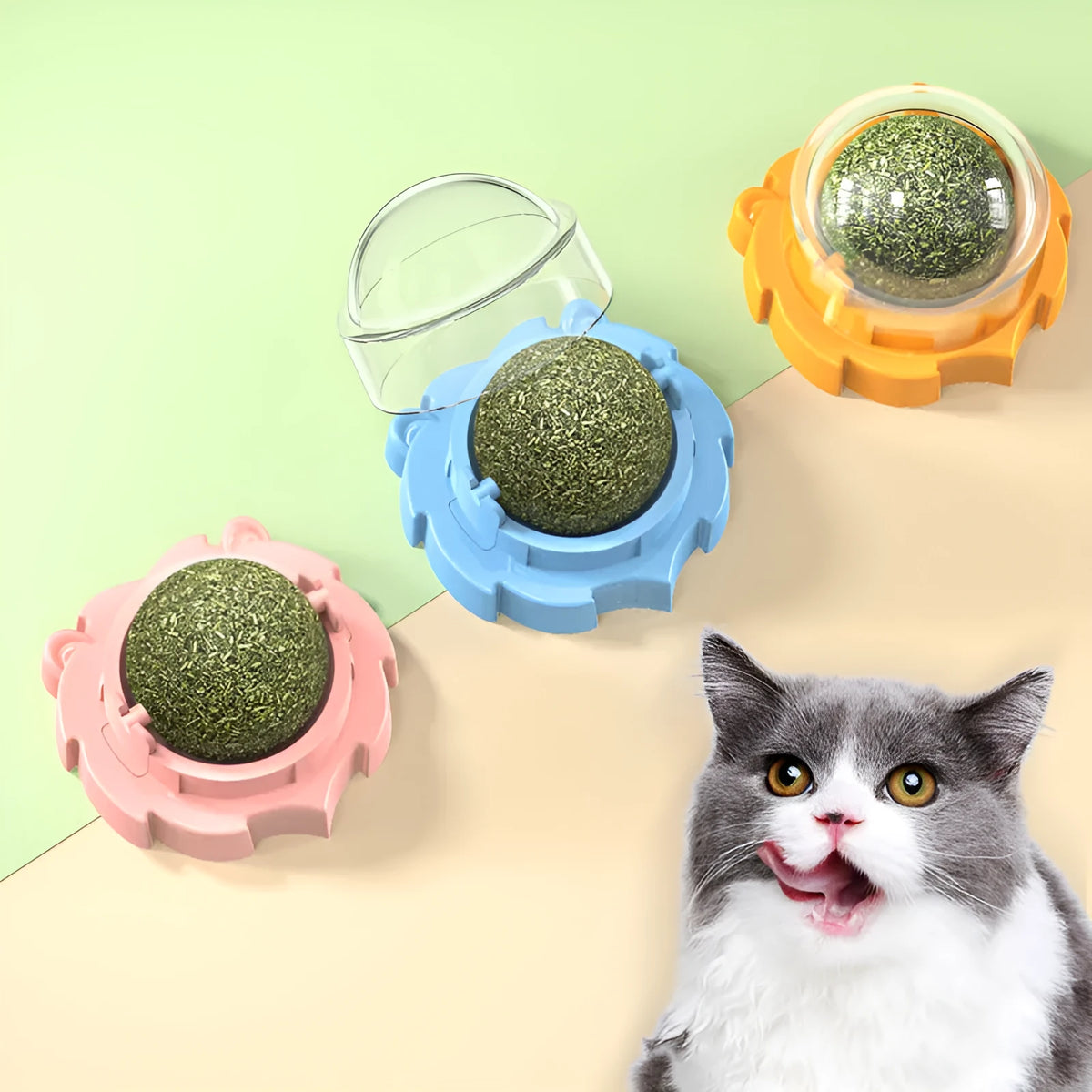 Lion-shaped molar cat toy in blue, orange, or pink colours with flavour options