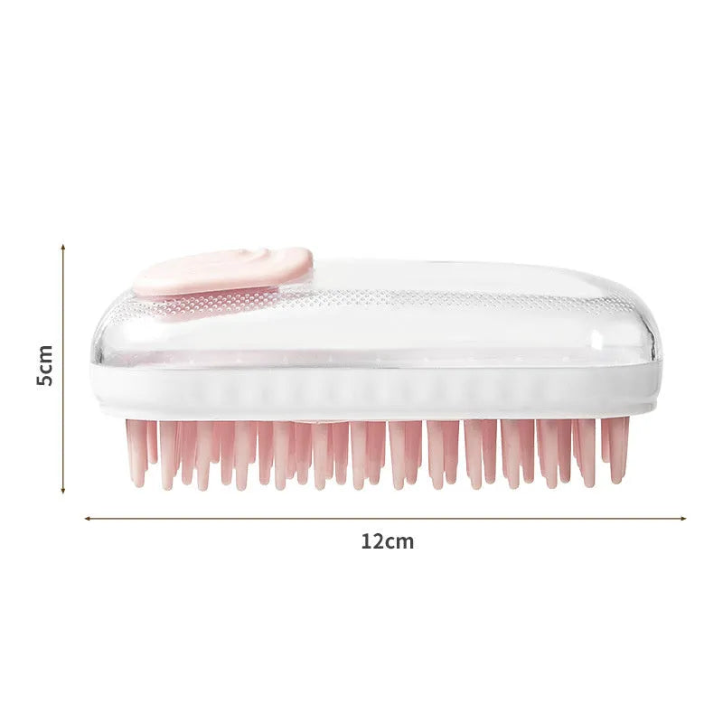 Grey and pink silicone pet bath brush with soft bristles for dogs and cats.