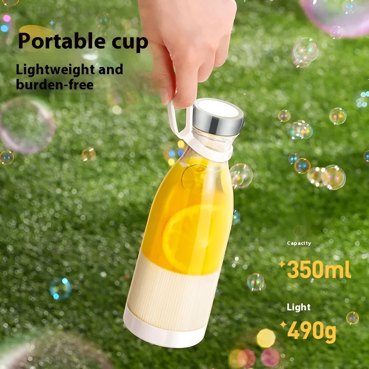 Portable mini juicer 350ml with 35W motor, PC food grade liner, plastic body, in green, pink, blue or white