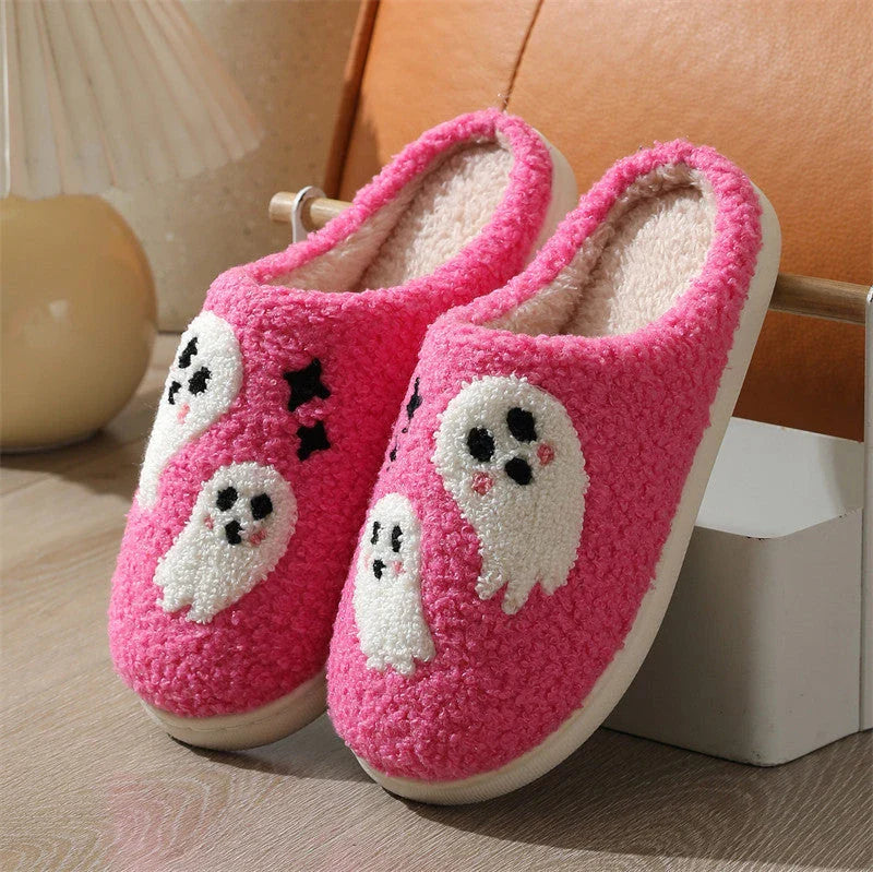 Cozy Halloween ghost-themed cotton slippers for women in pink and black colors