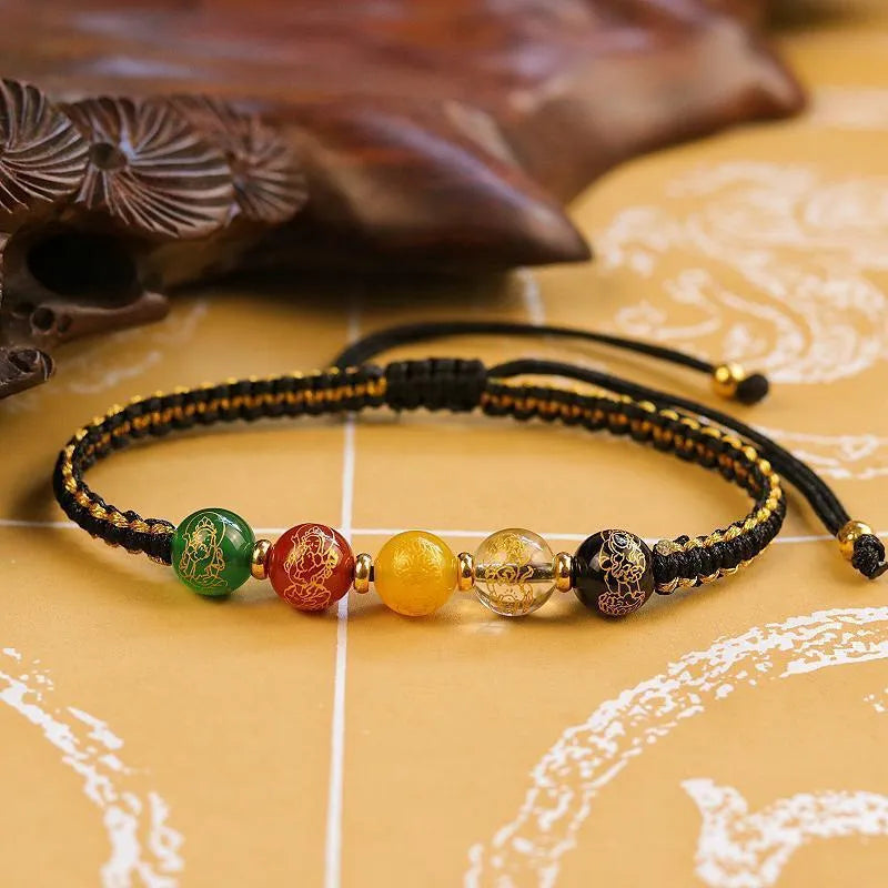 Hand-woven Five Gods of Wealth agate bracelet with geometric stone and red or black braided cord