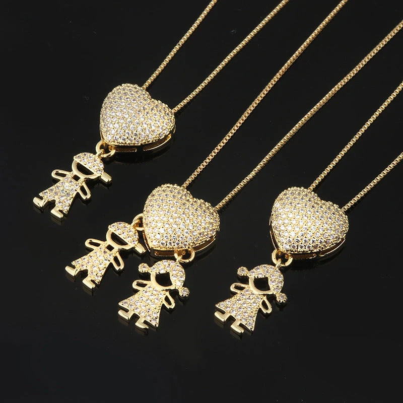 Gold cubic zirconia heart pendant necklace for mothers, symbolising family love.