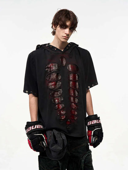 Black hooded short-sleeved men's T-shirt with sequin detailing on a loose fit.