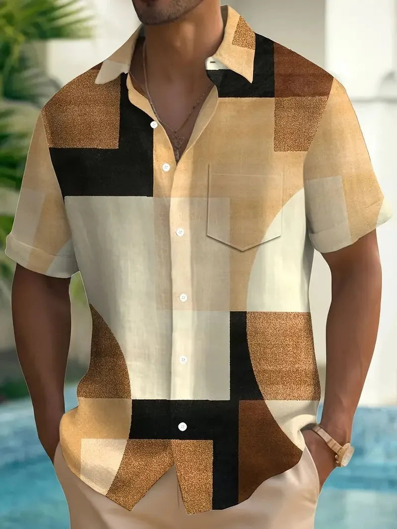 Men's retro geometric printed short sleeve cardigan shirt in loose fit style
