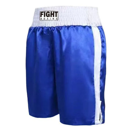 Men's boxing shorts in black and white with side stripe, laid flat showing design.