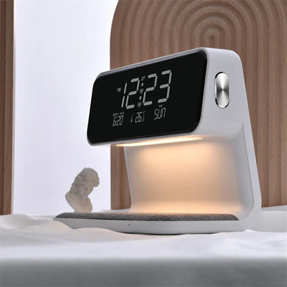 Chic 3-in-1 Bedside Lamp with Wireless Charging, Dimmable Lighting, and Alarm Clock for Bedroom or Home Office