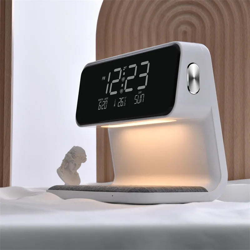 White 3-in-1 bedside lamp with wireless charging pad, LCD alarm clock screen, and touch controls.