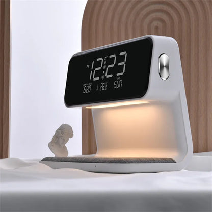 White 3-in-1 bedside lamp with wireless charging pad, LCD alarm clock screen, and touch controls.