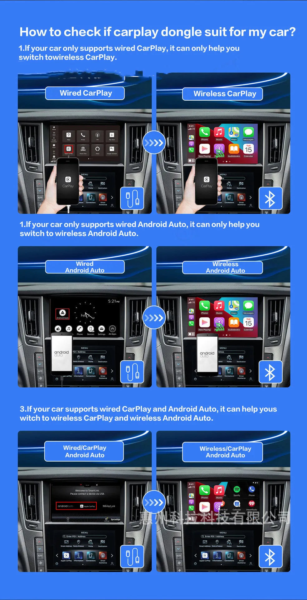 Black 9-inch wireless CarPlay adapter and GPS unit with a capacitive touch screen.