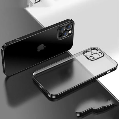 Square frame clear matte silicone iPhone case for iPhone 13 shown in blue colour
