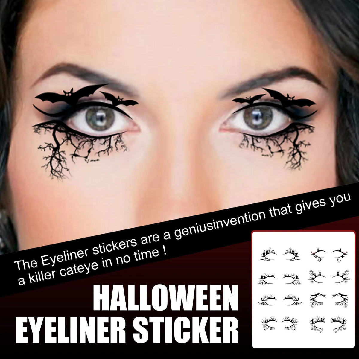Bat and spider shaped eyeliner sticker set with 8 pairs for Halloween face makeup