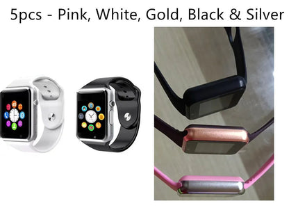 A1 Android Smart Watch with 1.54-inch screen shown in multiple colour options including black, silver, and gold.