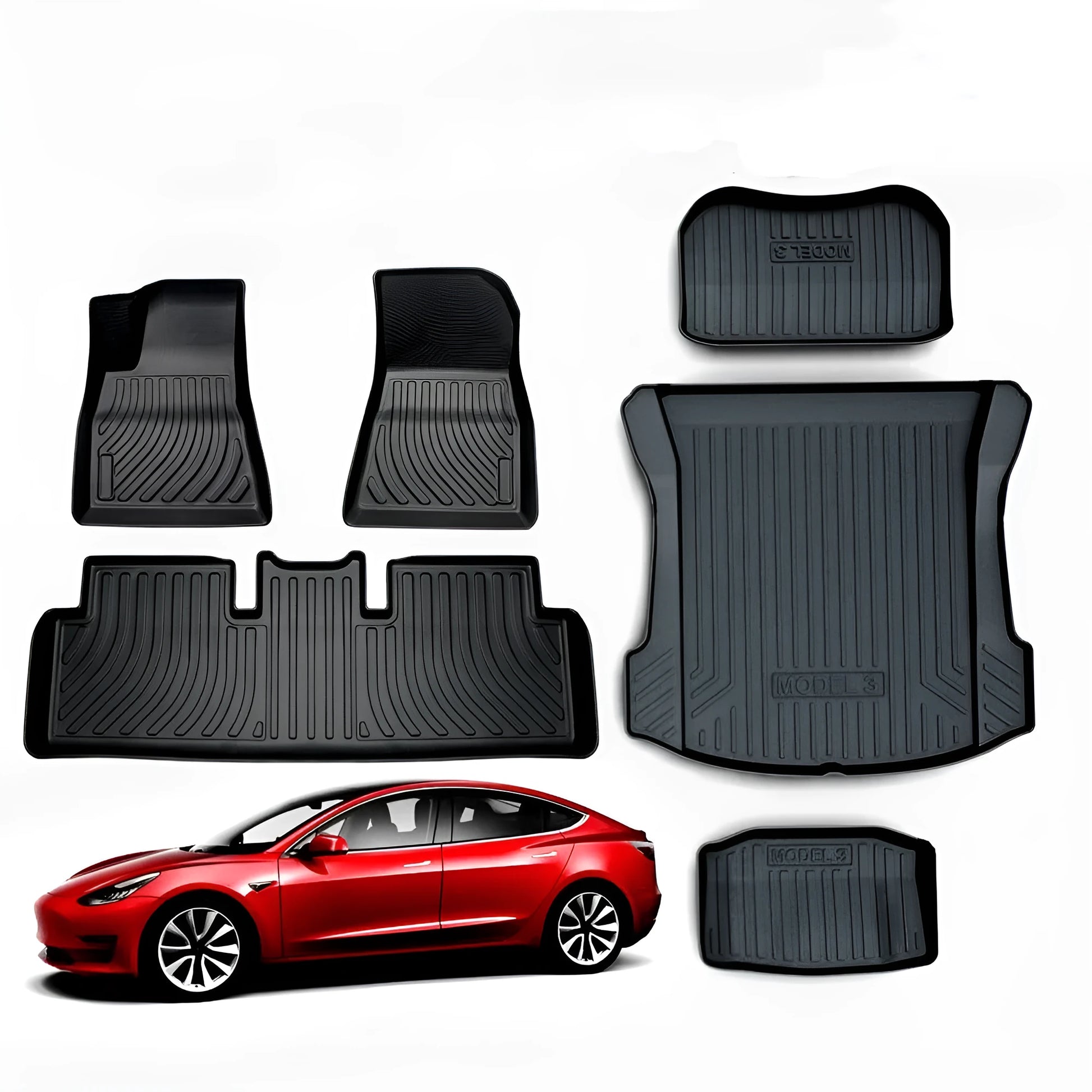 Custom black rubber floor mats fitted in a Tesla Model 3, showing textured surface and TPE driver footrest.