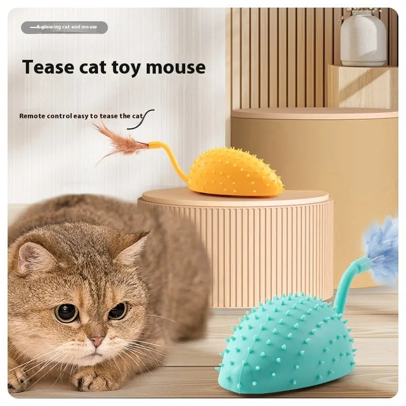 Remote control smart charging silicone mouse cat toy with teasing rubber cover and hanging feathers, USB rechargeable battery-operated interactive pet plaything in cyan, orange, or yellow colour options