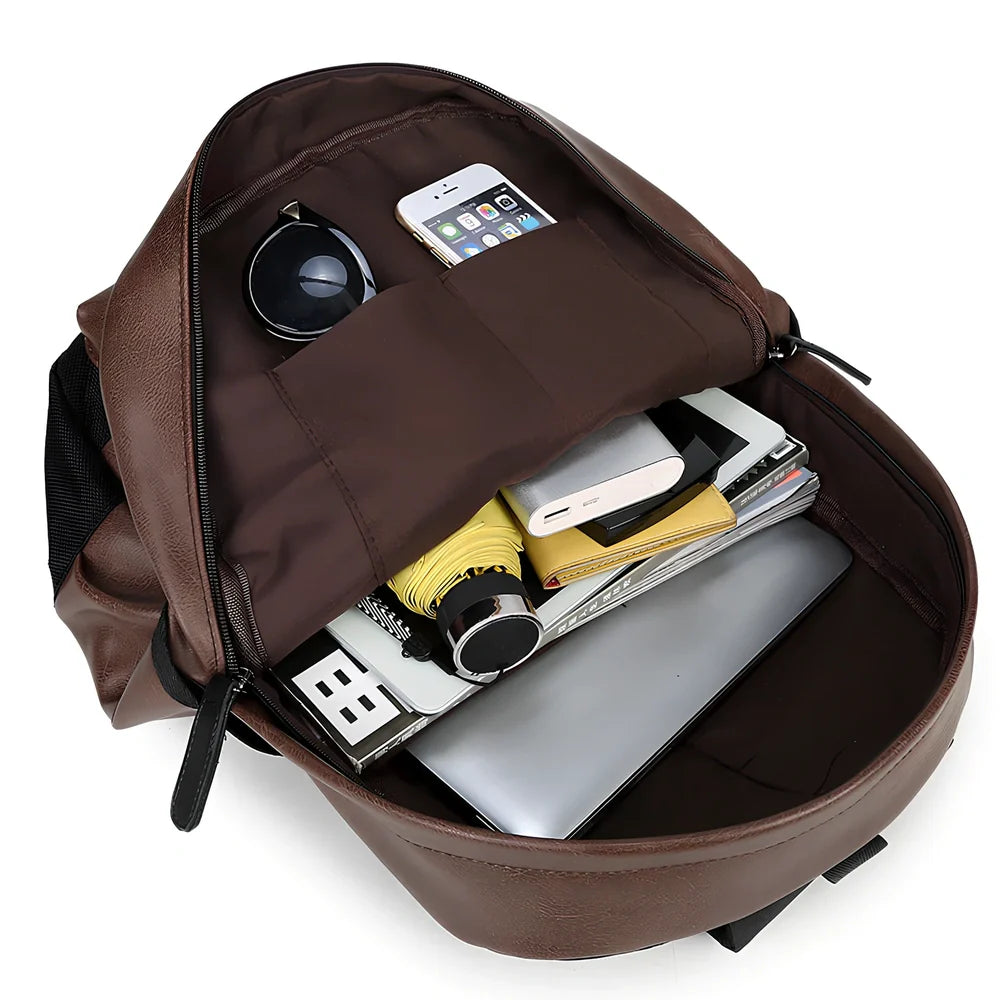 Black men's waterproof travel backpack showing computer pocket and double shoulder straps