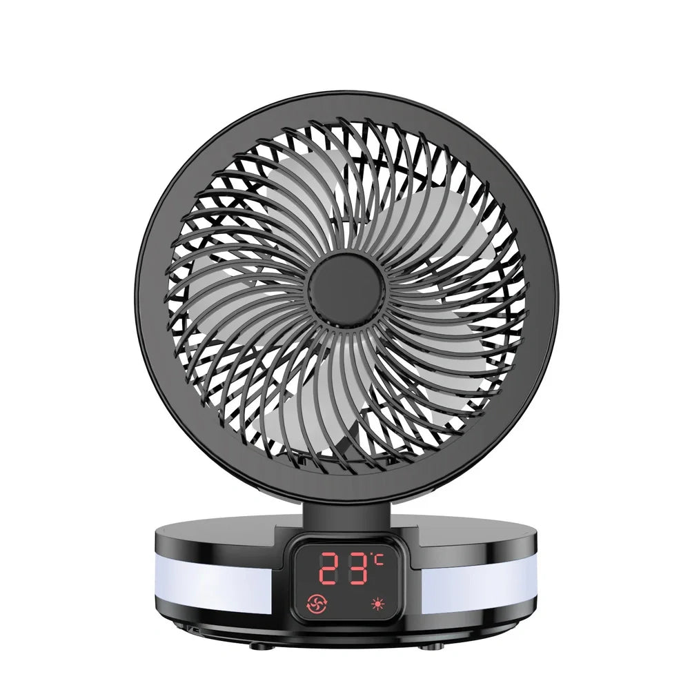 Black 7-inch portable folding desk fan with hook, LED, and temperature display on white background