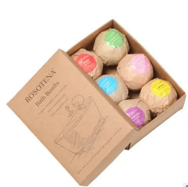 Six 60g organic bath bombs in green tea, strawberry, orange, mint, lavender and rose scents with shea butter and cocoa butter.