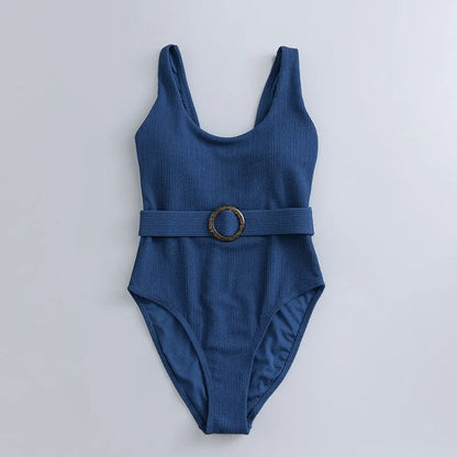 Navy blue women's one-piece swimsuit with slimming triangle design and chest pad for swimming