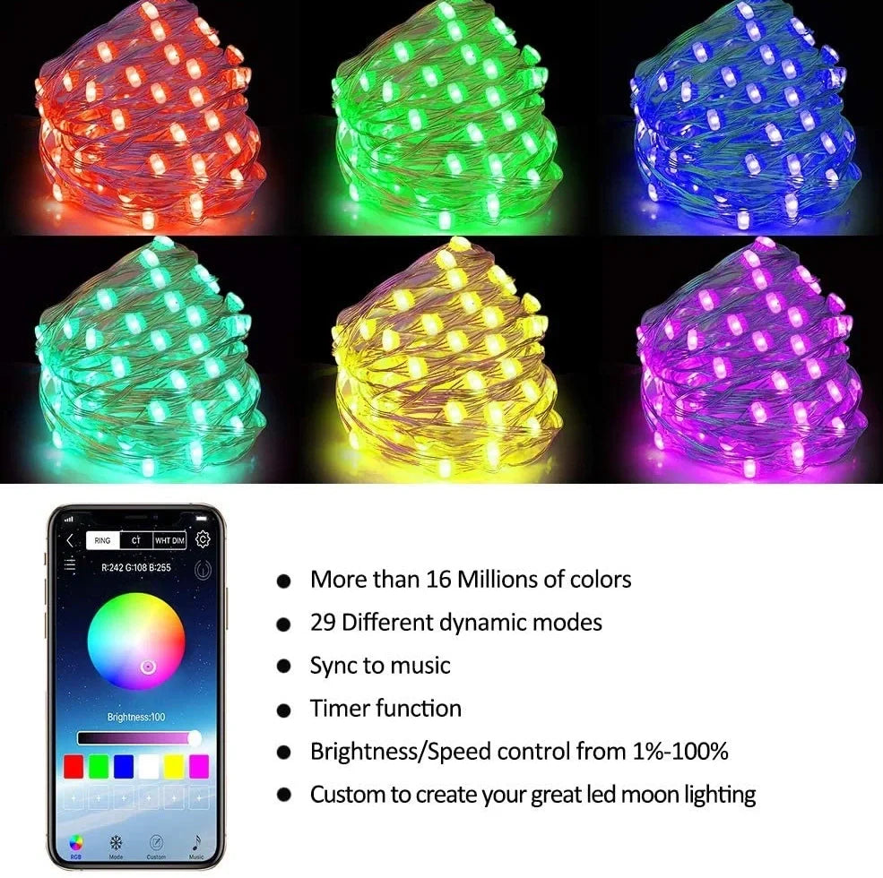 10m Bluetooth RGB Christmas tree light string with 100 waterproof LEDs and remote control