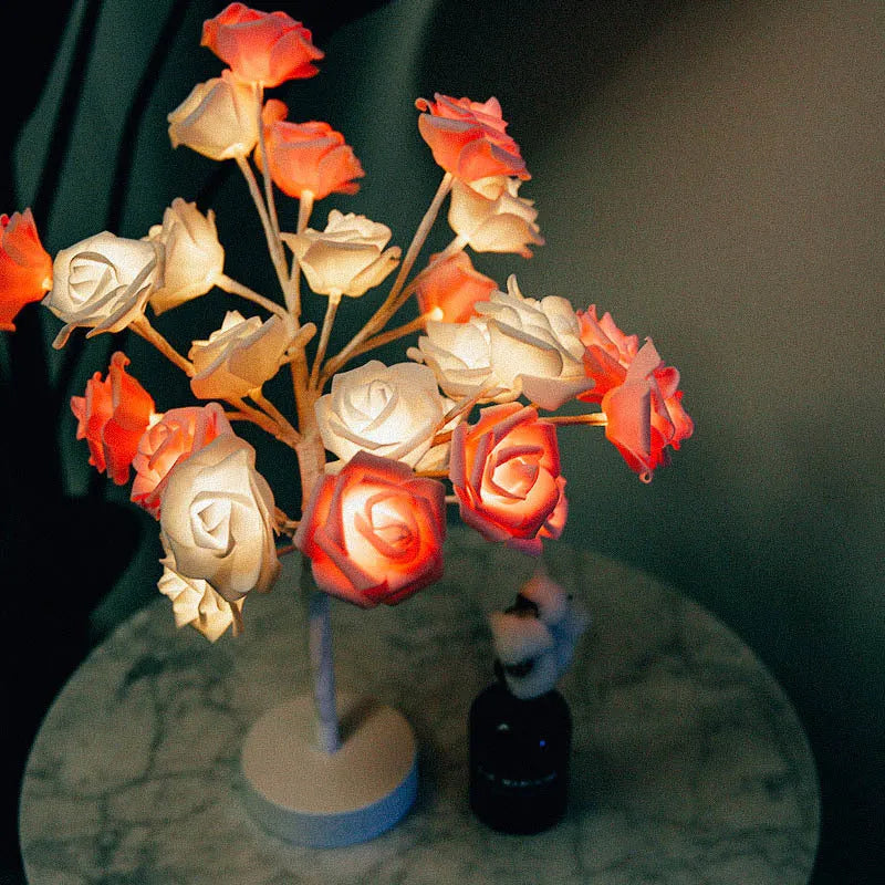 Rose Flower LED Table Lamp with USB and Battery Power for Warm White Ambient Lighting in Bedrooms and Living Spaces