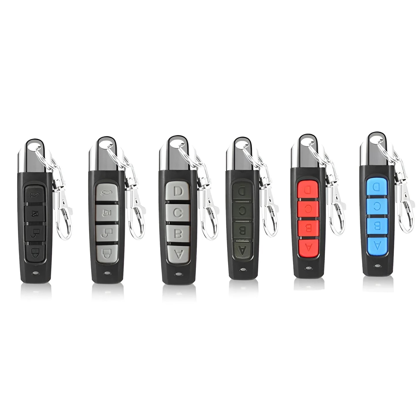 Rolling door remote control transmitter in four colour options showing compact 6.7cm design