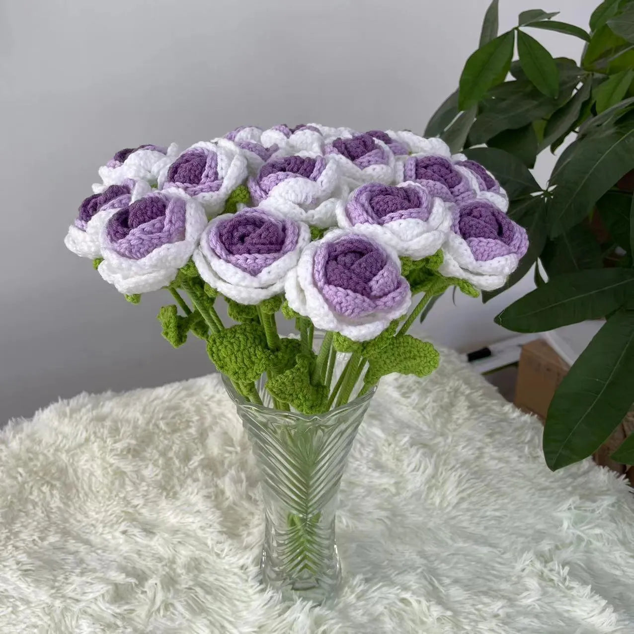 Wool-woven artificial silk rose bouquet in gradient blue colour with textured floral arrangement