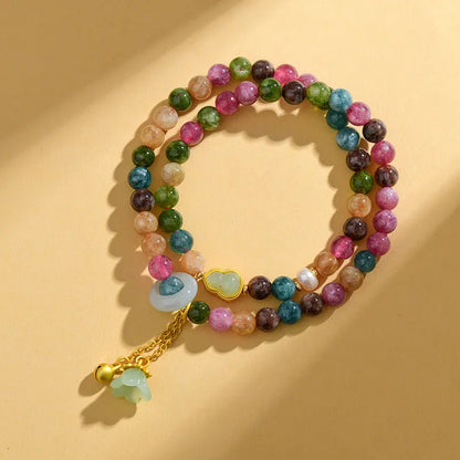 Natural chalcedony double circle bracelet with geometric design and 6-6.5mm beads