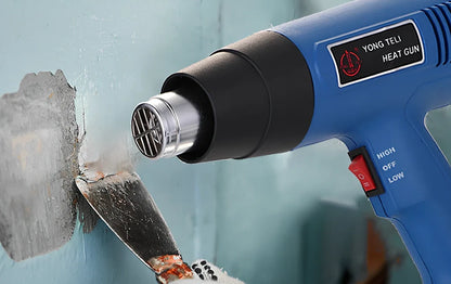 Industrial heat gun with temperature dial showing 300-500°C range and dual air flow settings