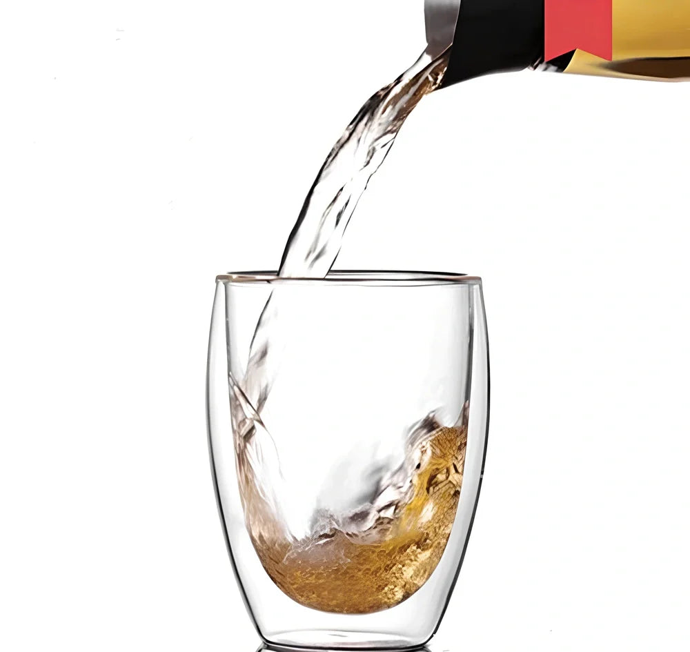 Chinese style double-layer glass coffee cup showing heat-resistant construction and traditional design elements