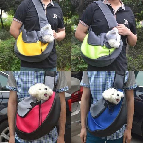 A comfortable and stylish pet sling bag with padded mesh and leather details, allowing hands-free travel for pet owners.