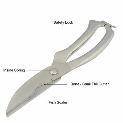 Stainless steel kitchen shears for cutting poultry and fish bones with ergonomic handle