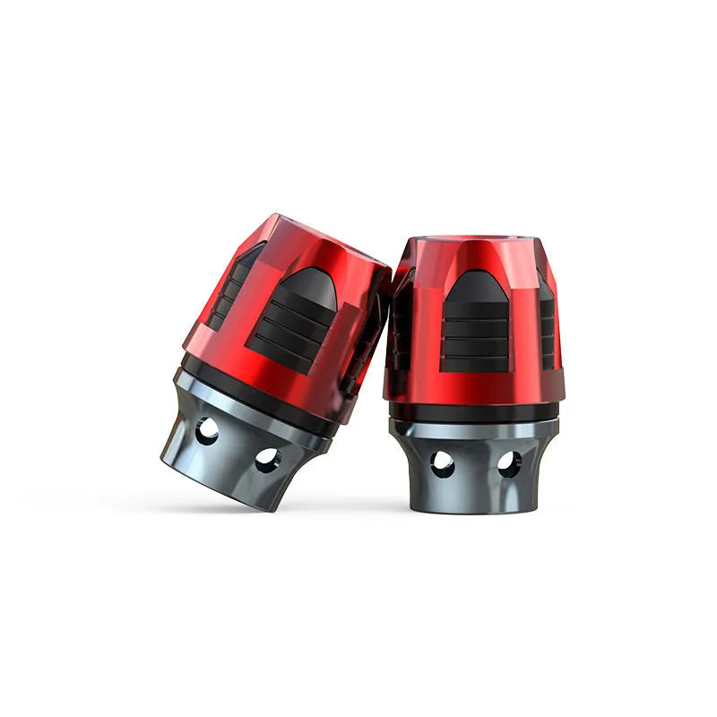 Pair of anodised aluminium alloy fork cups for electric car or motorcycle front axle.