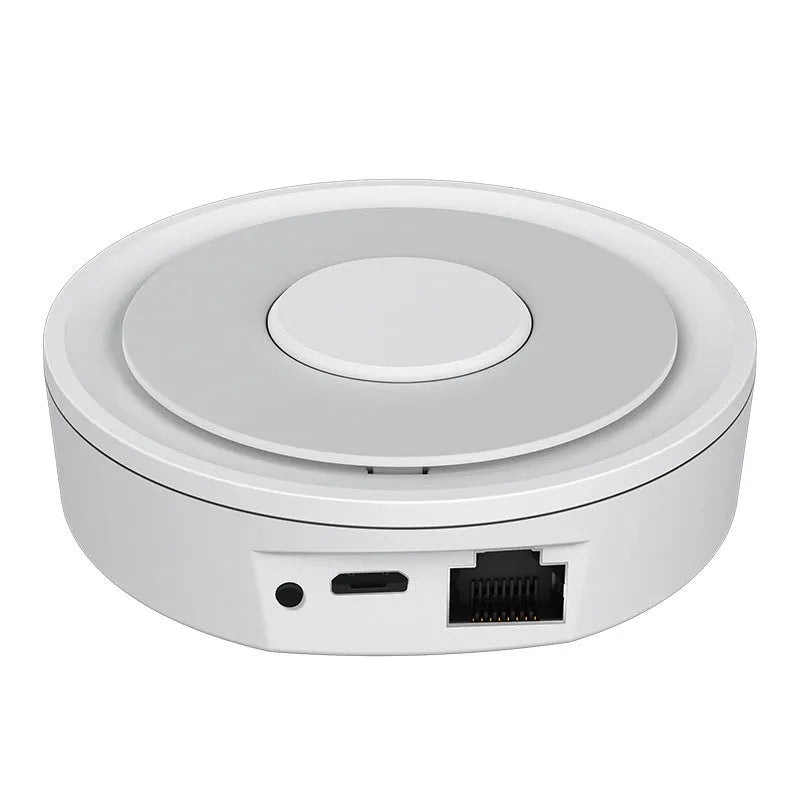 Zigbee smart home gateway hub controller with dual control modes supporting both Tuya Smart and Smart Life apps for Android and iOS systems including white colour 78mm square design