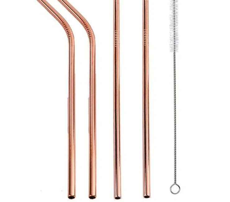 Colourful reusable stainless steel drinking straws with cleaning brush, perfect for eco-friendly sipping.