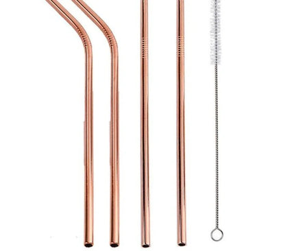 Colourful reusable stainless steel drinking straws with cleaning brush, perfect for eco-friendly sipping.