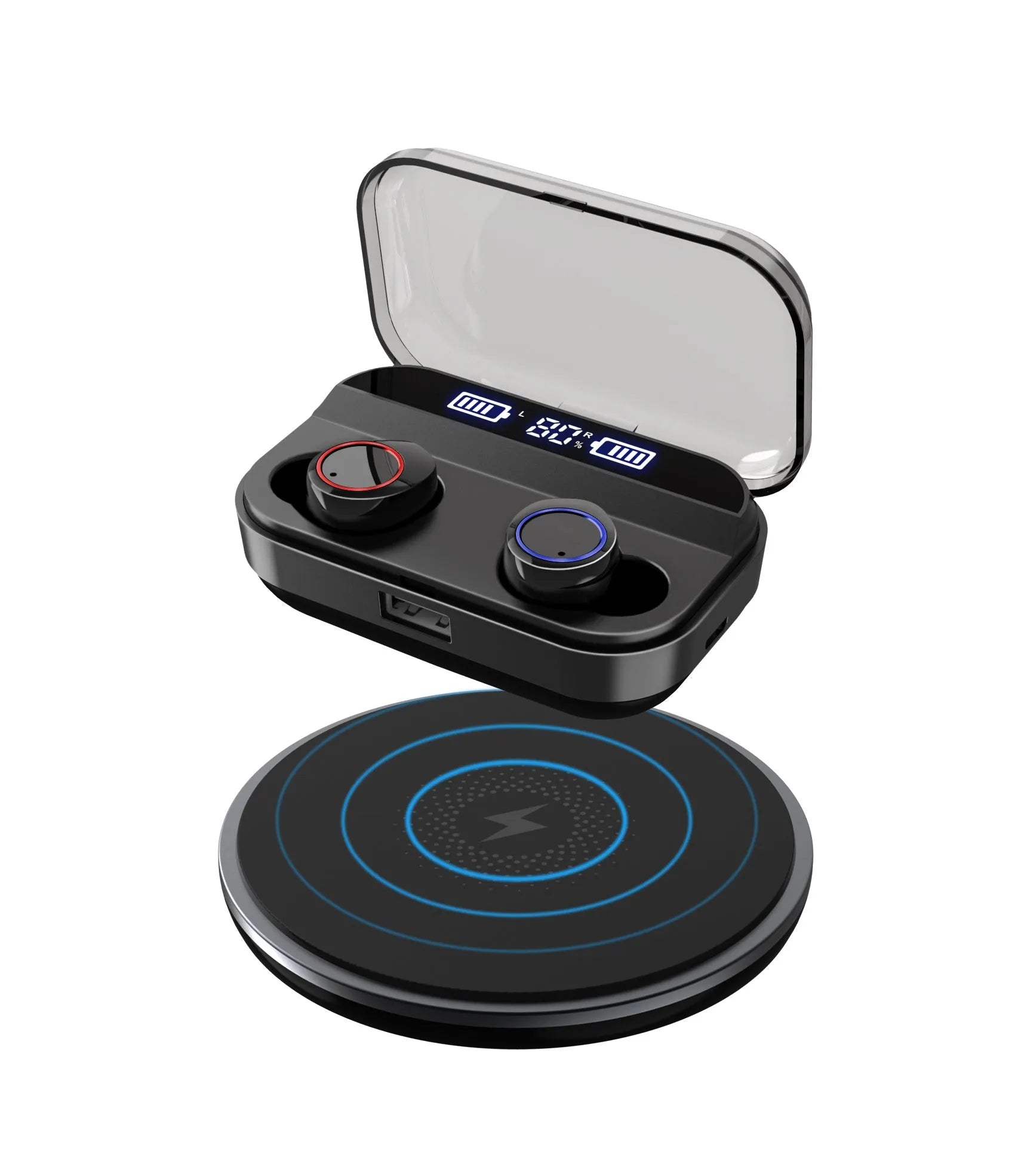 Black X11 true wireless Bluetooth earbuds with touch controls and a matching charging case.