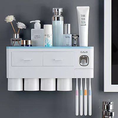 Non-marking hanging magnetic toothbrush holder with toothpaste squeezer and quick-drying cups