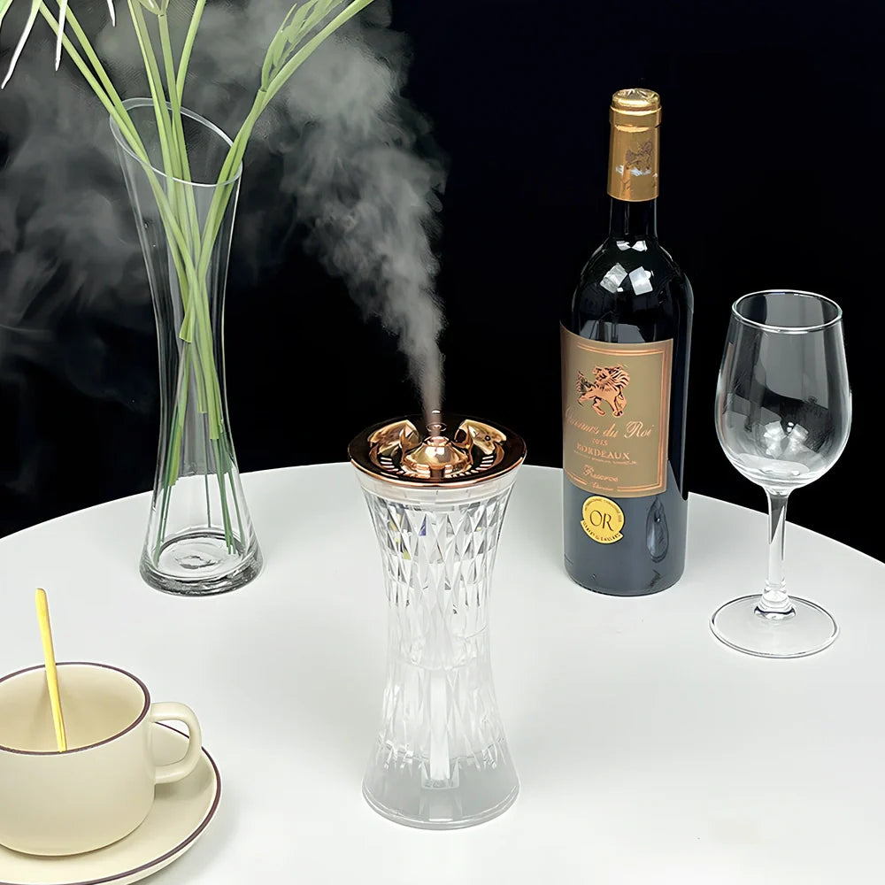 Wild Waist desktop humidifier in romantic atmosphere lamp mode, 86x86x193mm size with 270mL tank and USB cable