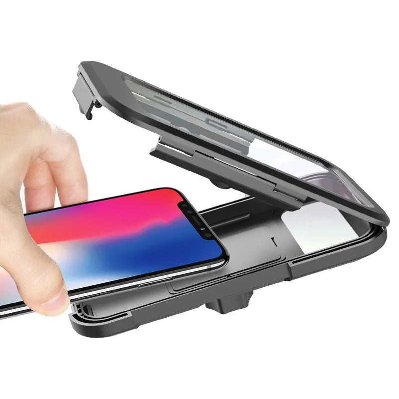 Black adjustable waterproof bicycle handlebar mount holding a mobile phone.