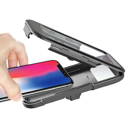 Black adjustable waterproof bicycle handlebar mount holding a mobile phone.