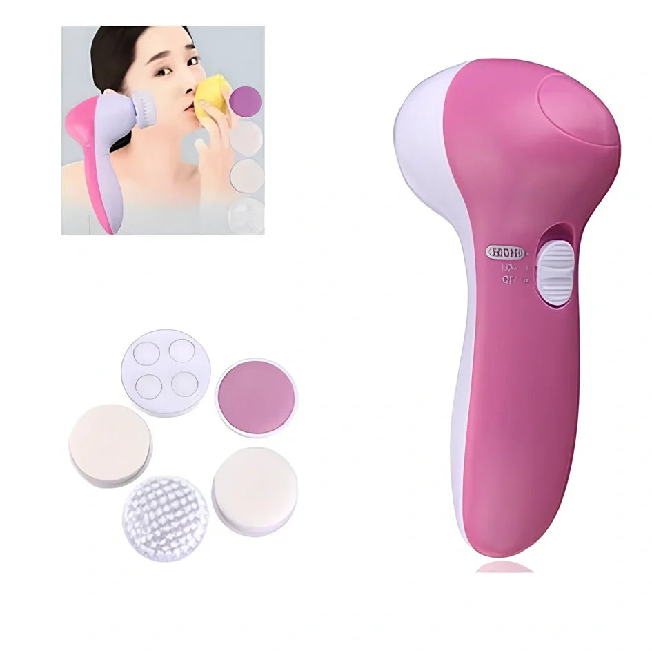 Pink electric facial cleanser device with 5 attachments for pore cleaning and blackhead removal, compact 130x70x48mm size
